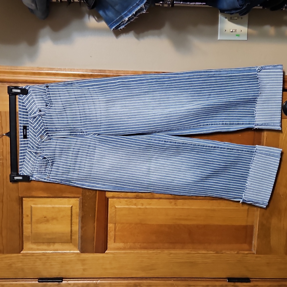 Aqua Striped Cuffed Dad Blue Striped High Waisted Denim Jeans - Picture 4 of 13